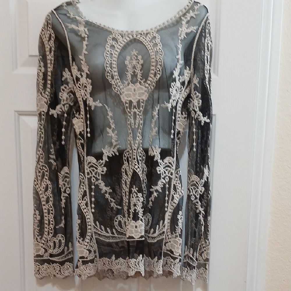 Black and Cream Lace Sheer Top